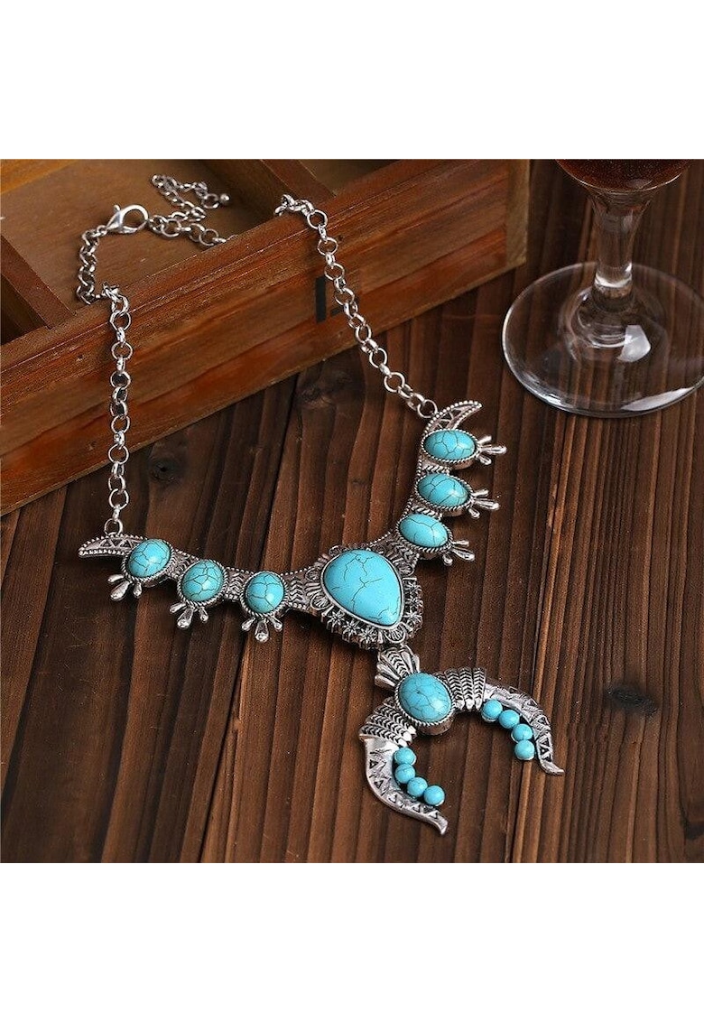Colier argintiu - stil boho - cu pietre turquoise - Rozalina C6 -