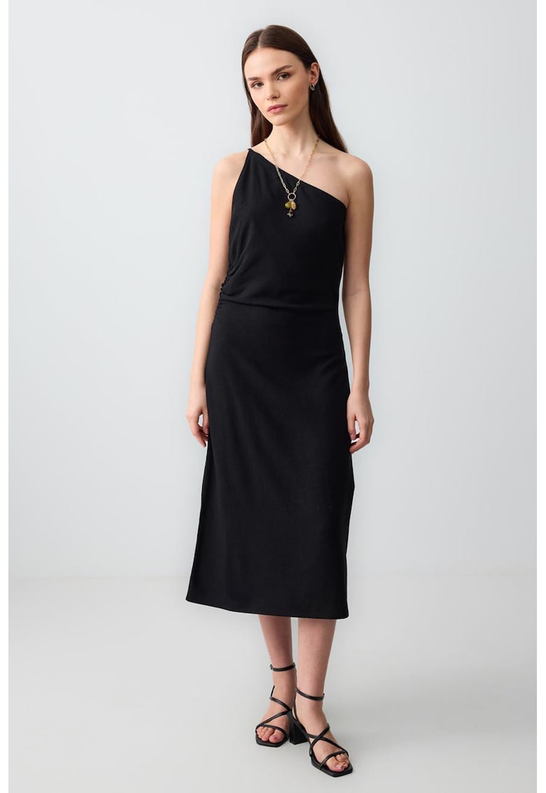 Rochie din amestec de in cu decolteu pe un umar - Negru