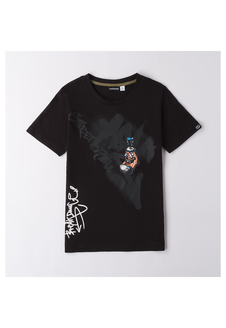 Tricou cu decolteu rotund si imprimeu - Negru