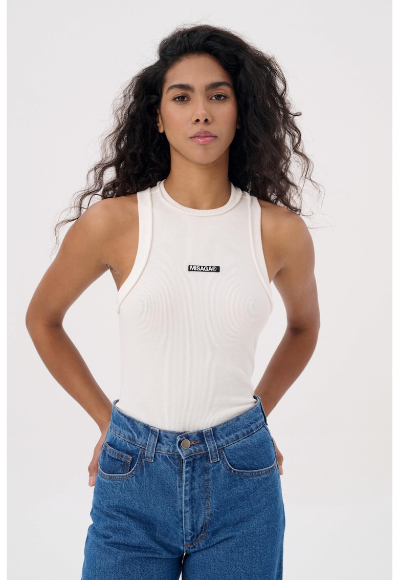 Top din amestec de bumbac organic cu detaliu logo - Alb