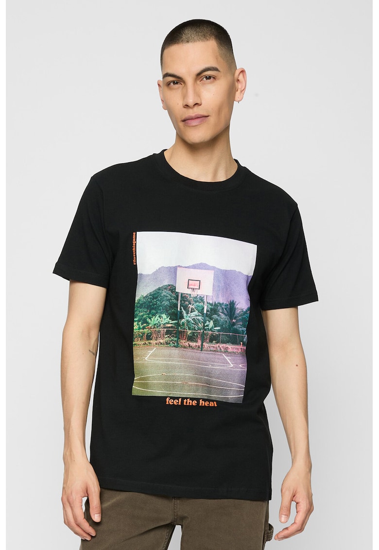 Tricou cu imprimeu si decolteu la baza gatului