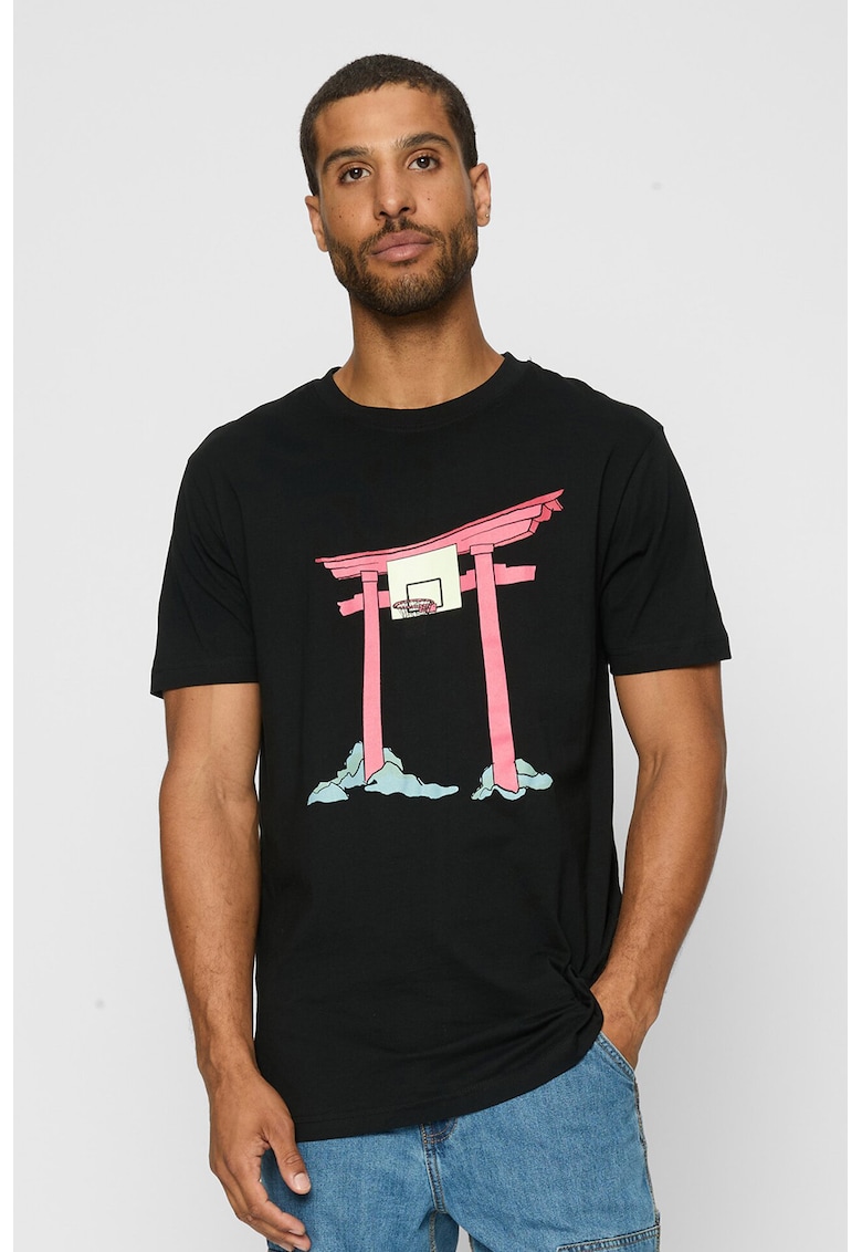 Tricou cu decolteu la baza gatului si imprimeu - Negru/Fucsia