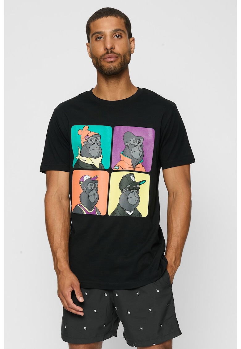 Tricou cu decolteu la baza gatului si imprimeu - Negru
