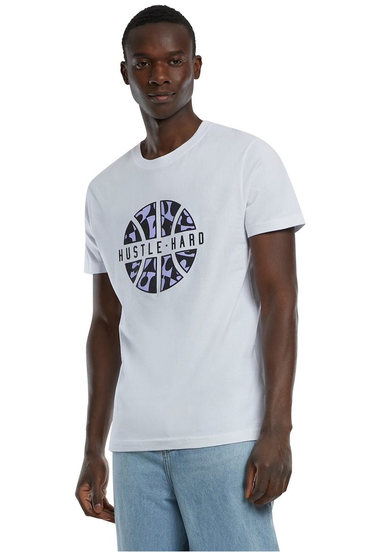 Tricou cu imprimeu si decolteu la baza gatului - Negru/Violet deschis/Alb murdar