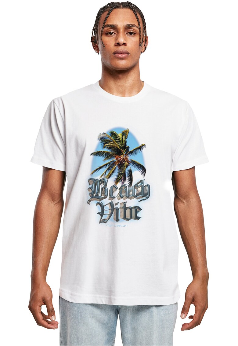 Tricou din bumbac cu decolteu la baza gatului - Alb/Albastru azur