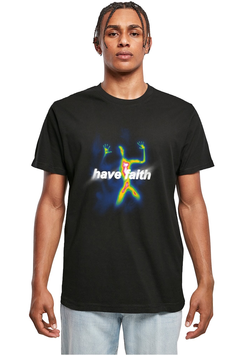 Tricou cu decolteu la baza gatului si imprimeu - Negru/Galben/Albastru royal