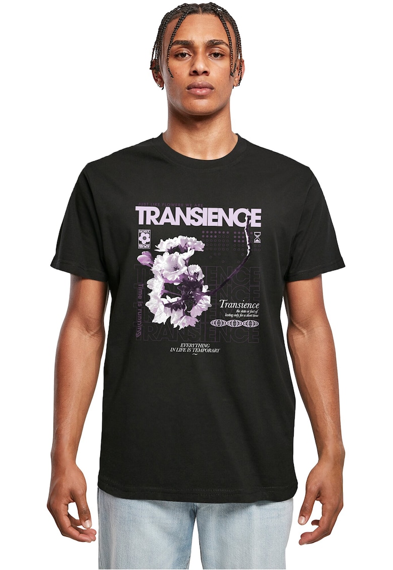 Tricou cu imprimeu si decolteu la baza gatului - Alb/Negru/Violet deschis