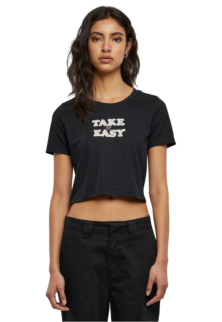 Tricou crop cu imprimeu text Tricou crop cu imprimeu text