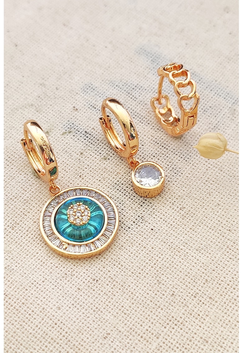 Set de 2 perechi de cercei si inel - Auriu/Turcoaz