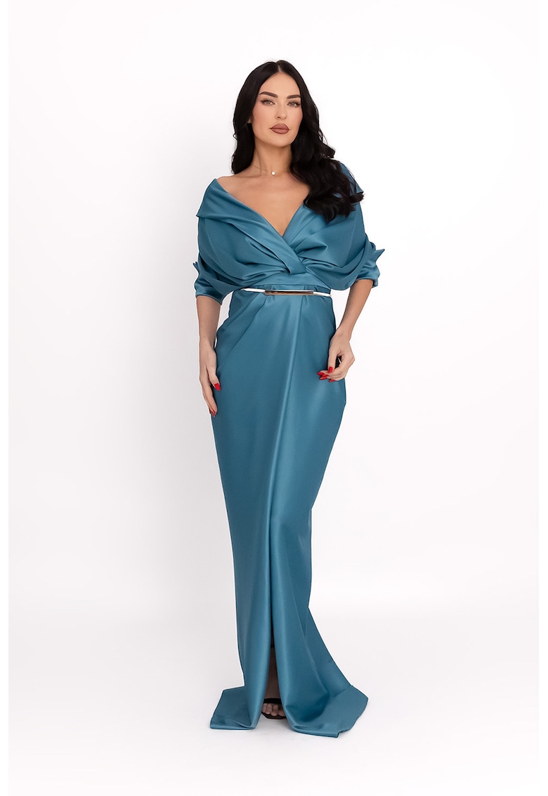 Rochie lunga cu model drapat - Turcoaz