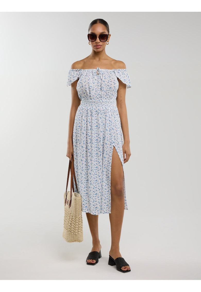 Rochie cu imprimeu floral si despicatura adanca - Alb