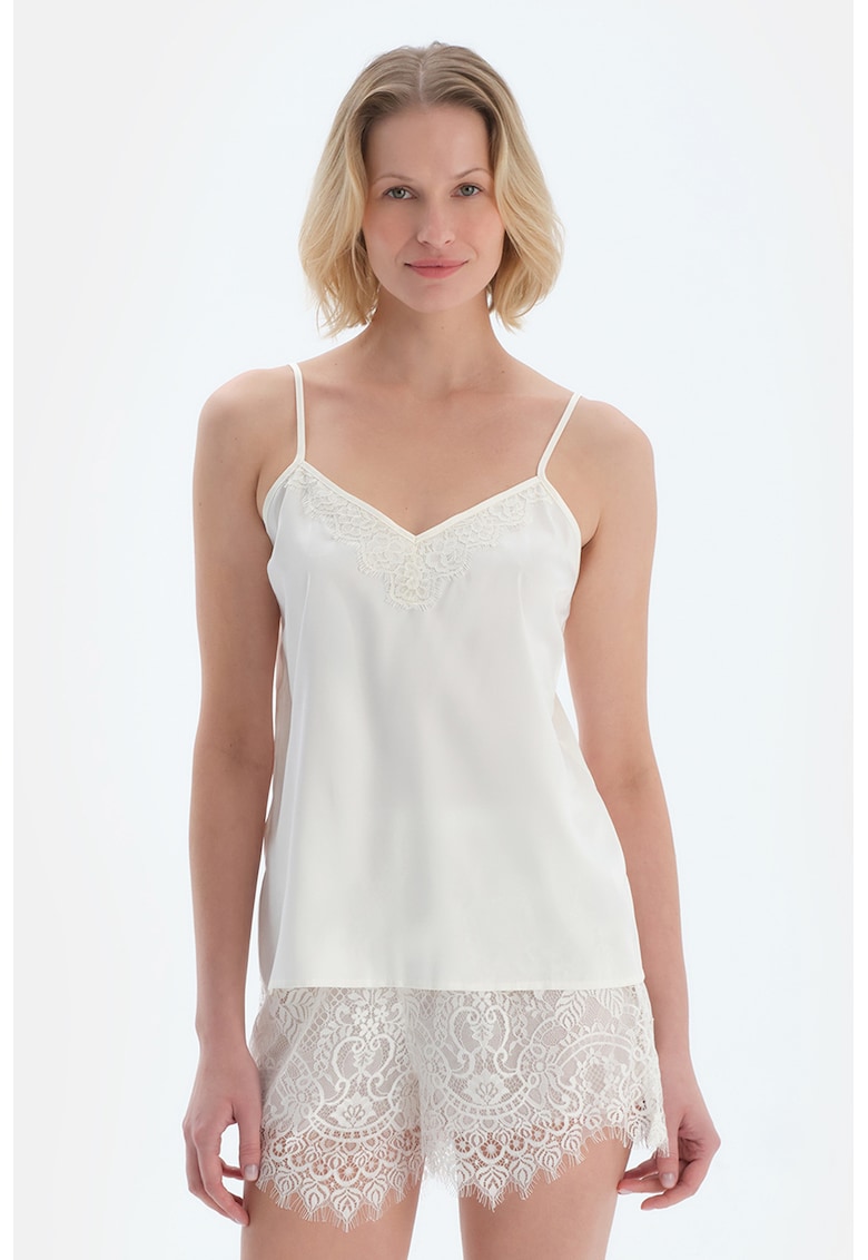 Top de pijama cu decolteu in V si garnituri din dantela