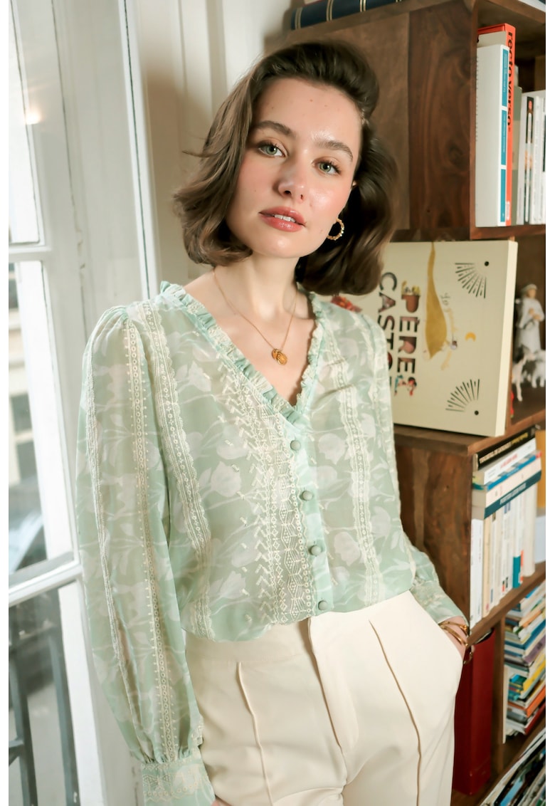 Camasa verde cu print floral si detalii brodate - 4819T M9 16924 - Verde deschis