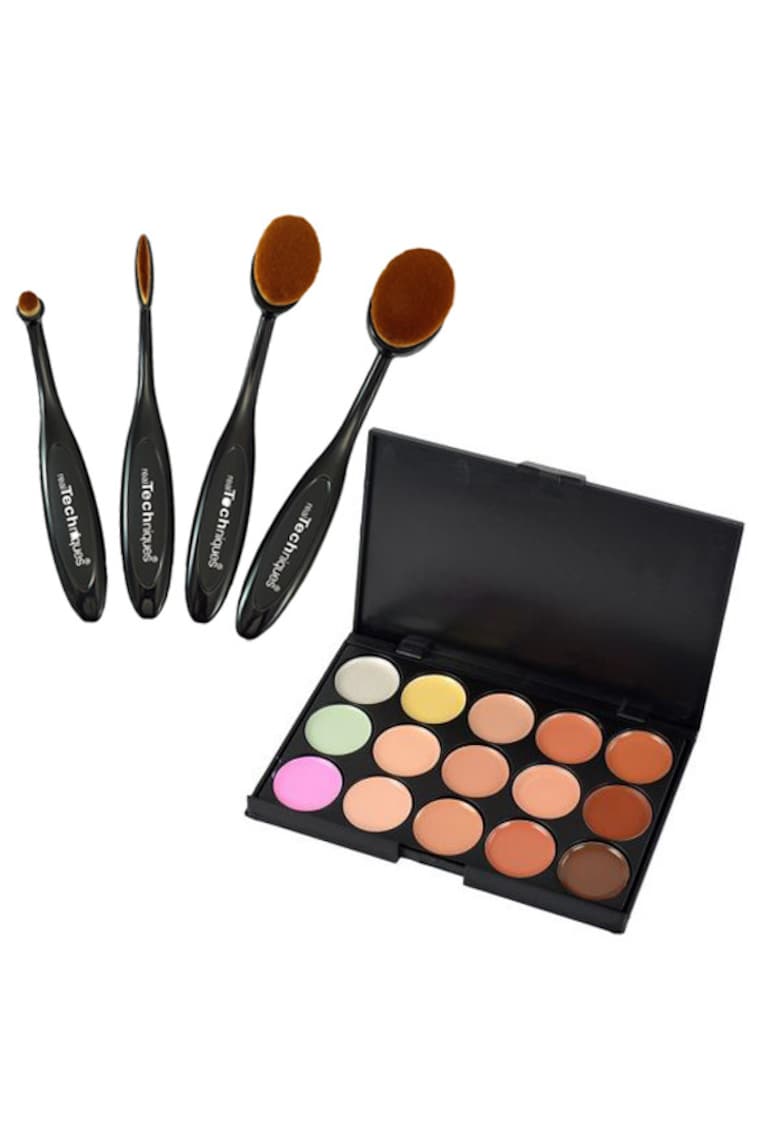 Pachet Trusa concealer si corector 15 culori + Set 4 pensule ovale machiaj Real Techniques