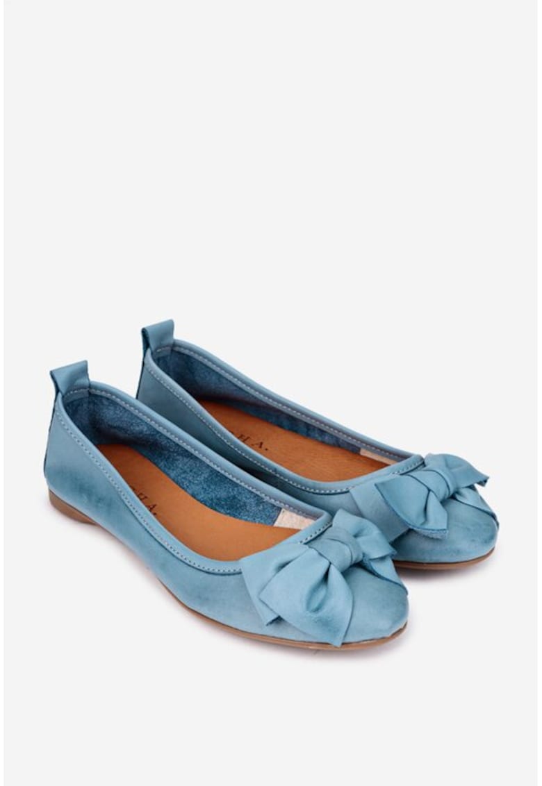 Balerini dama bleu din piele naturala cu funda