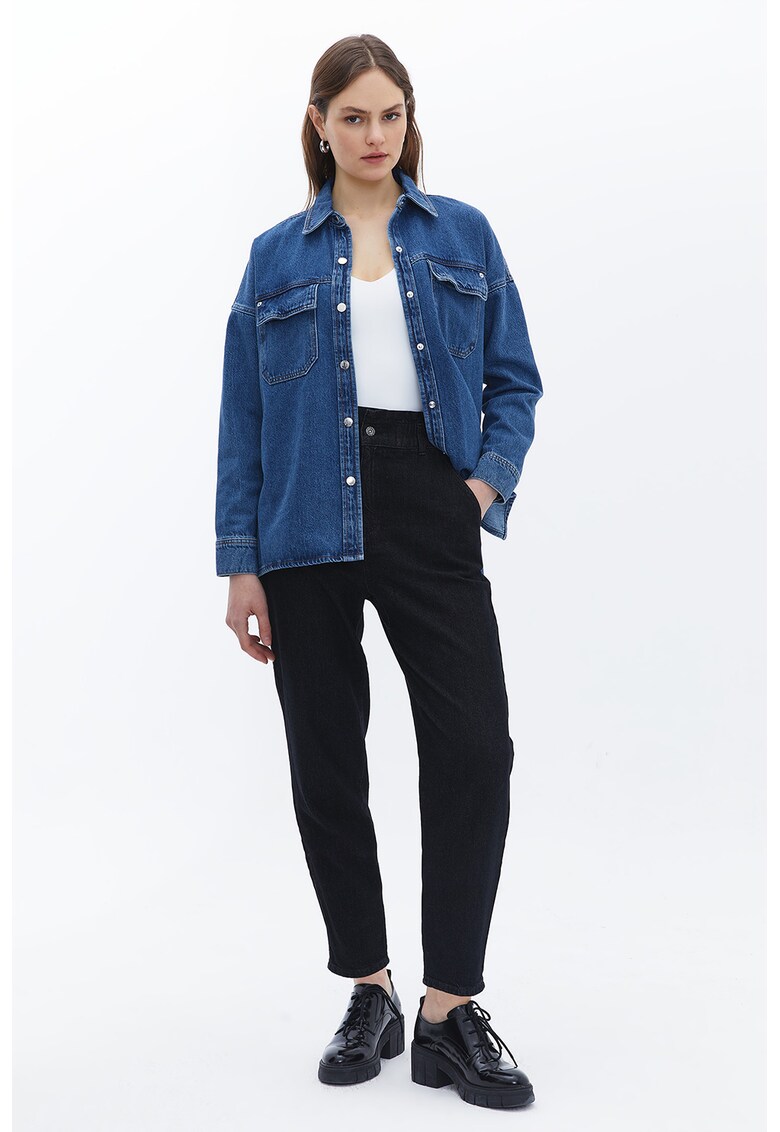 Blugi crop paperbag cu talie inalta - Negru