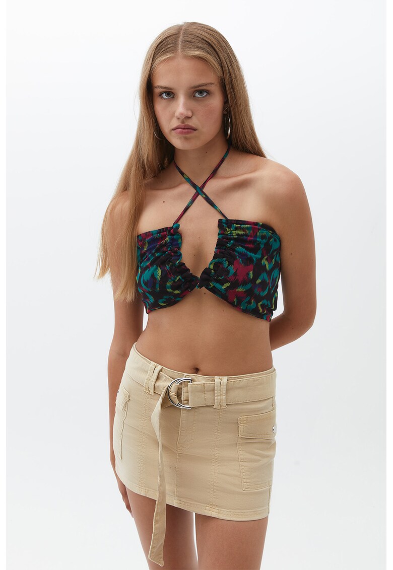 Sutien halter cu animal print - Negru/Rosu inchis/Verde aquamarin