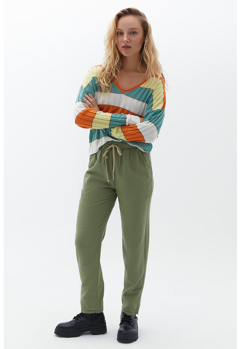 Pantaloni drepti crop cu snur de ajustare