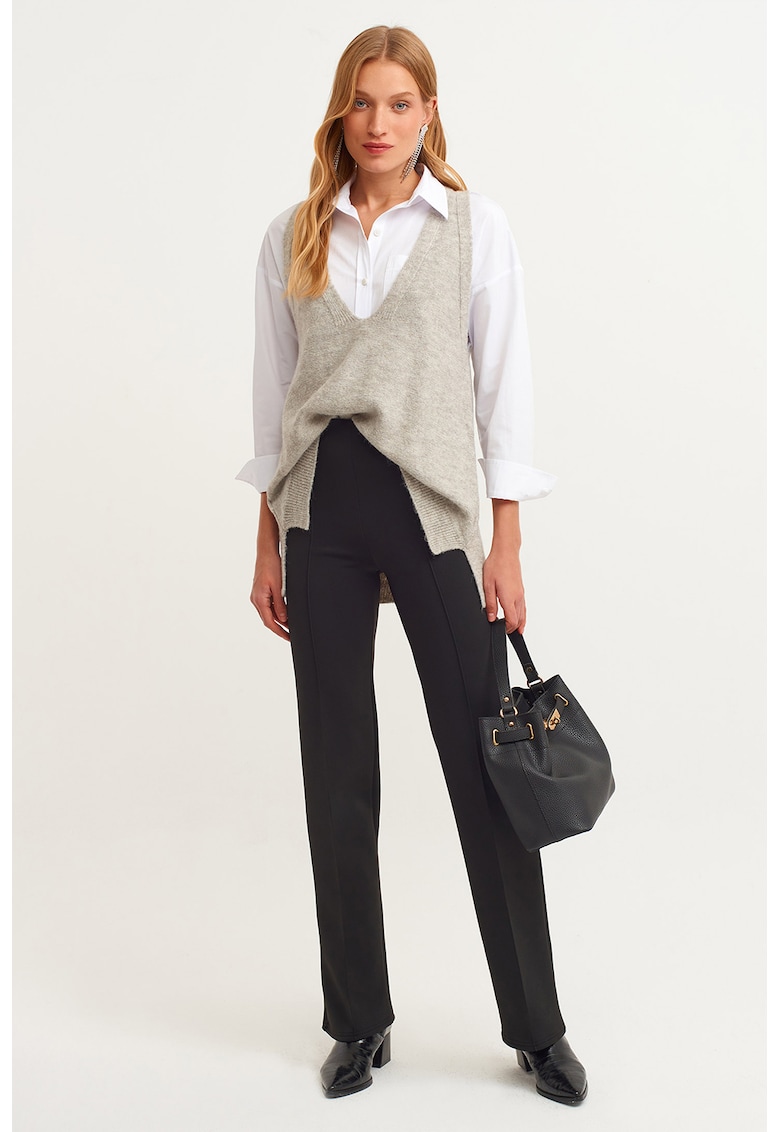 Pantaloni slim fit cu talie inalta si pliuri - Negru