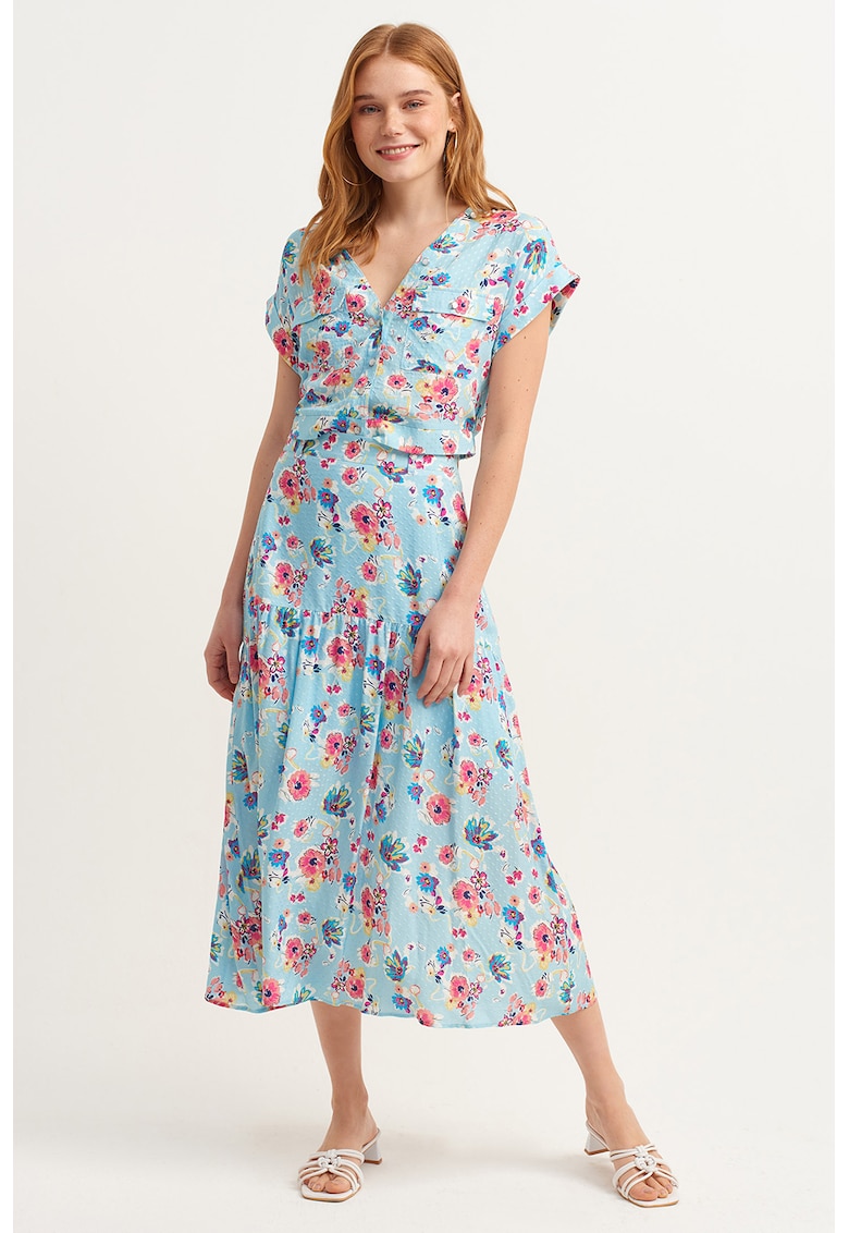 Fusta midi cu model floral si talie inalta