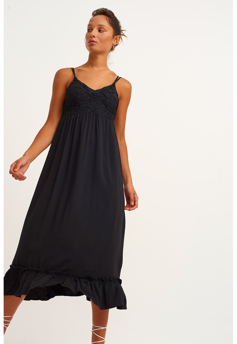 Rochie midi evazata cu decolteu in V si volane