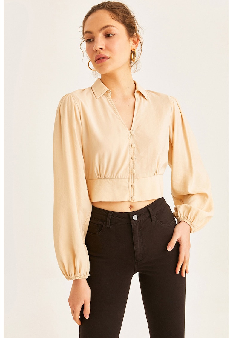 Bluza crop cu maneci bufante - Bej