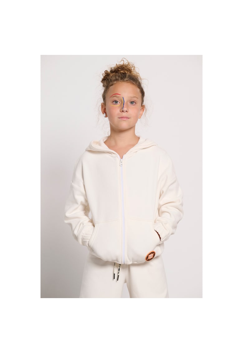 Jacheta fleece copii - cu gluga - 2 buzunare - crem - poliester