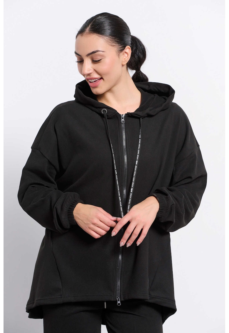 Hanorac dama lung - cu gluga - negru - poliester