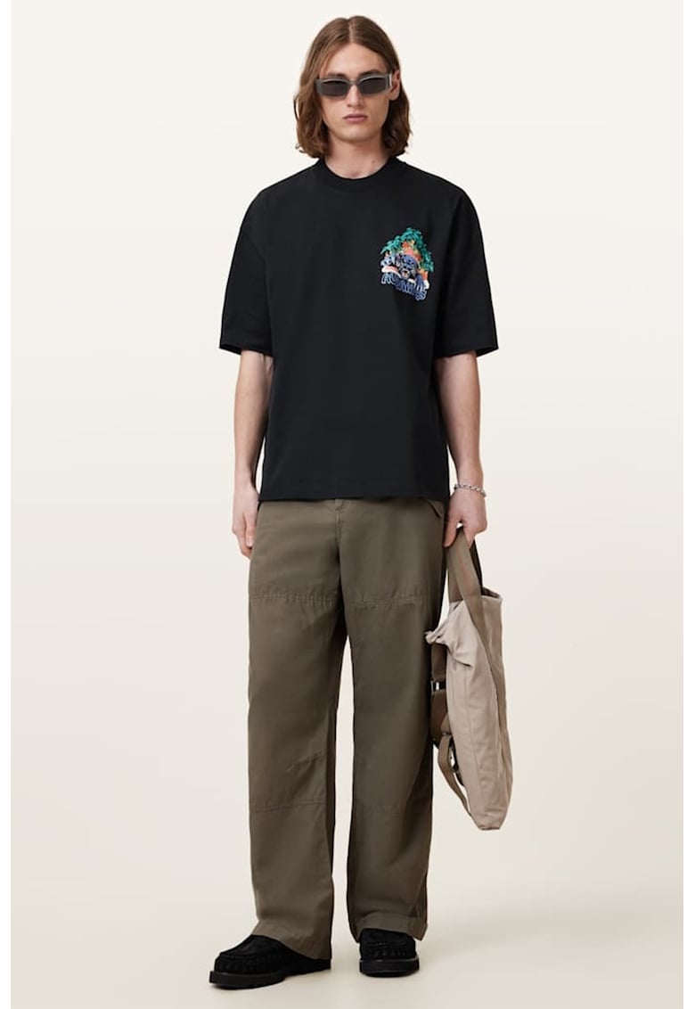 Tricou din bumbac organic cu imprimeu grafic Pounce - Negru/Verde menta