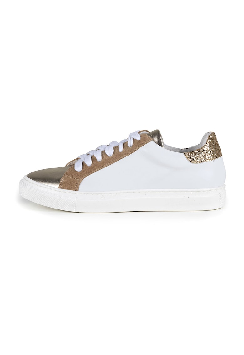 Pantofi sport din piele cu garnituri metalizate - Auriu/Alb murdar/Maro camel
