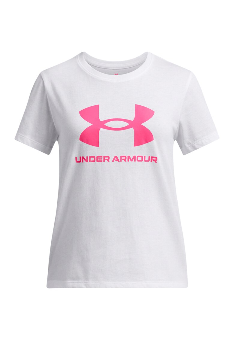 Tricou cu decolteu la baza gatului si imprimeu logo - Alb/Roz