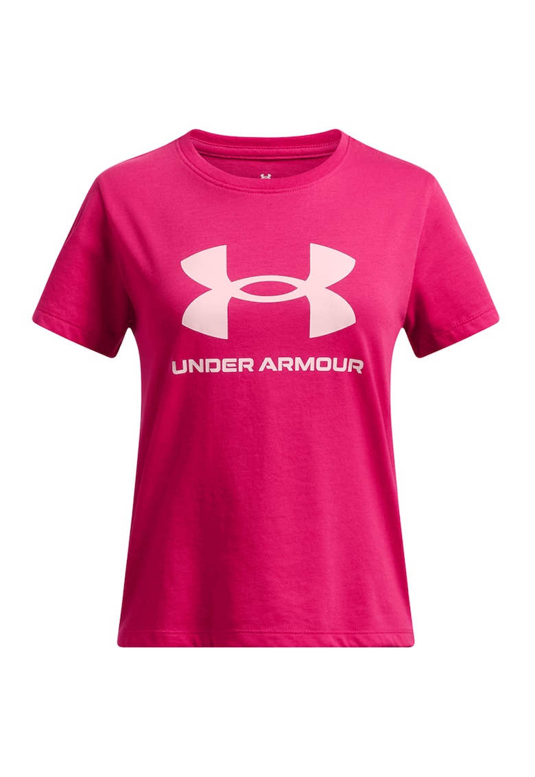 Tricou cu decolteu la baza gatului si imprimeu logo - Fucsia