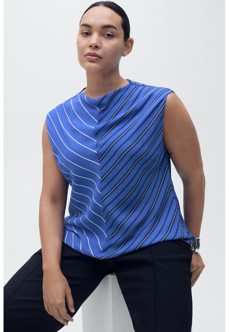 Top cu guler drapat si model in dungi - Albastru royal