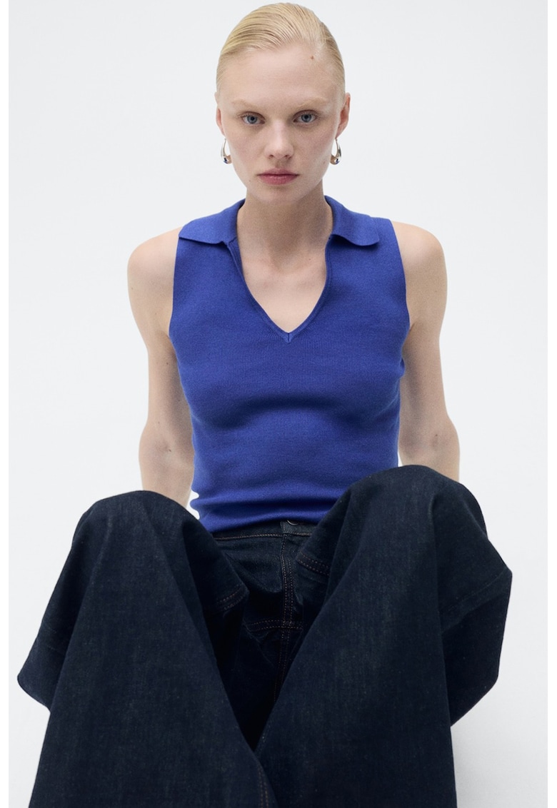 Top striat cu decolteu in V - Albastru royal