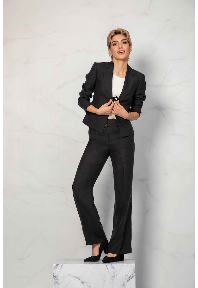 Pantaloni drepti din in cu talie inalta - Negru stins