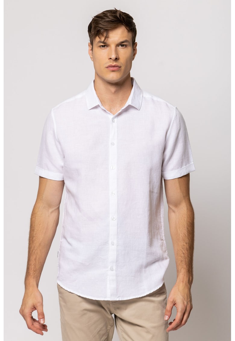Camasa de in si bumbac cu maneci scurte - Alb optic