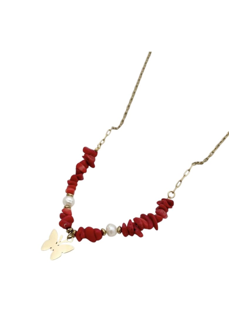 Colier boho cu cipsuri de Coral Rosu si Perle naturale din otel inoxidabil - placat cu aur de 14K