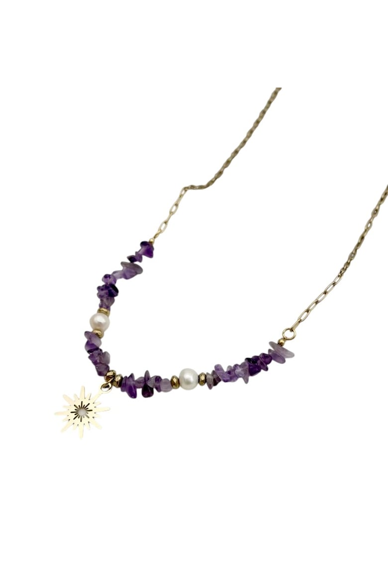 Colier boho cu cipsuri de Ametist si perle din otel inoxidabil placat cu aur de 14K