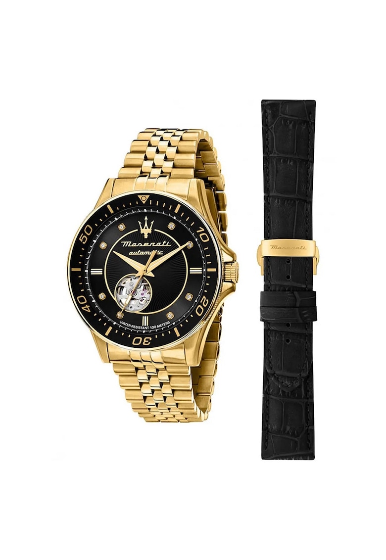 Ceas Sfida Open Heart Automat - Negru/Auriu - 10 ATM - cu curea din piele neagra de schimb