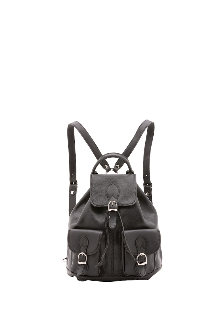 Rucsac de piele cu buzunare cu clapa - Negru