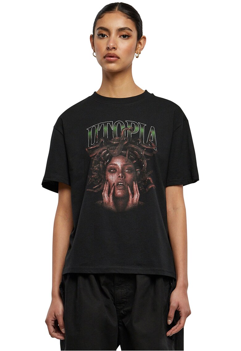 Tricou cu design grafic si decolteu la baza gatului - Negru