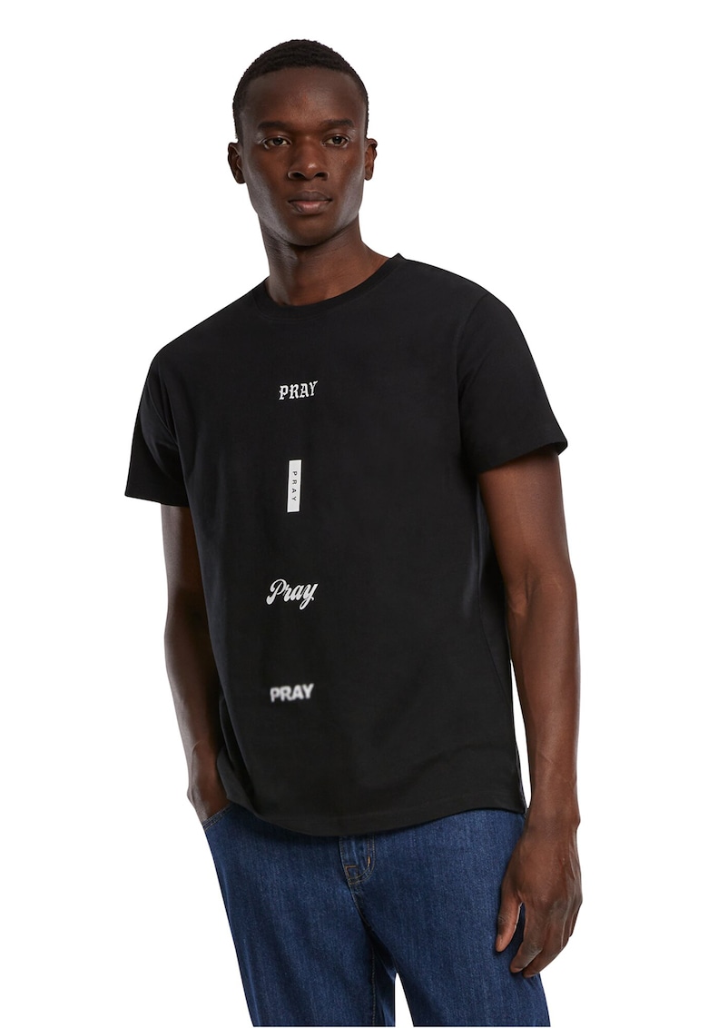 Tricou cu decolteu la baza gatului si imprimeu text - Negru/Alb optic
