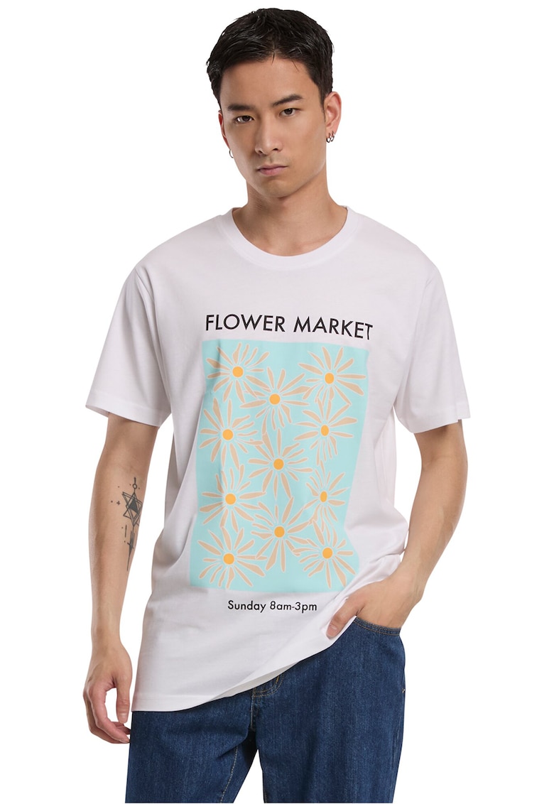 Tricou lejer cu model floral si imprimeu text