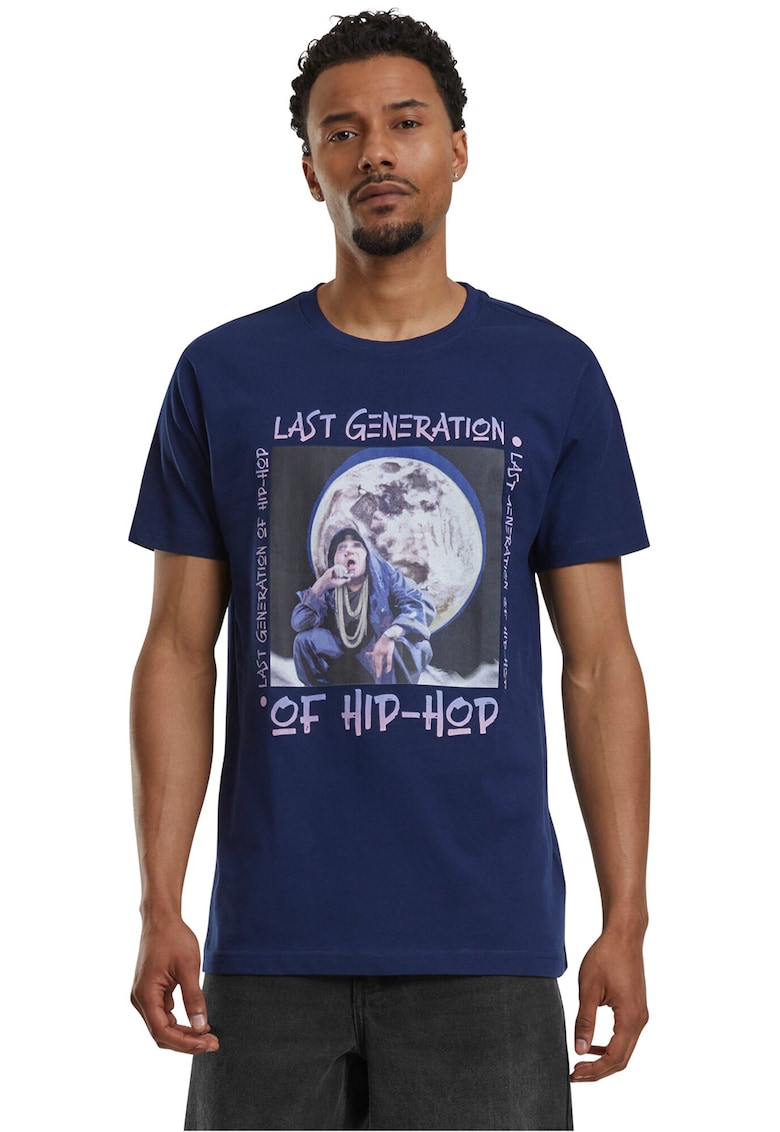 Tricou cu imprimeu si decolteu la baza gatului - Gri deschis/Violet/Albastru inchis