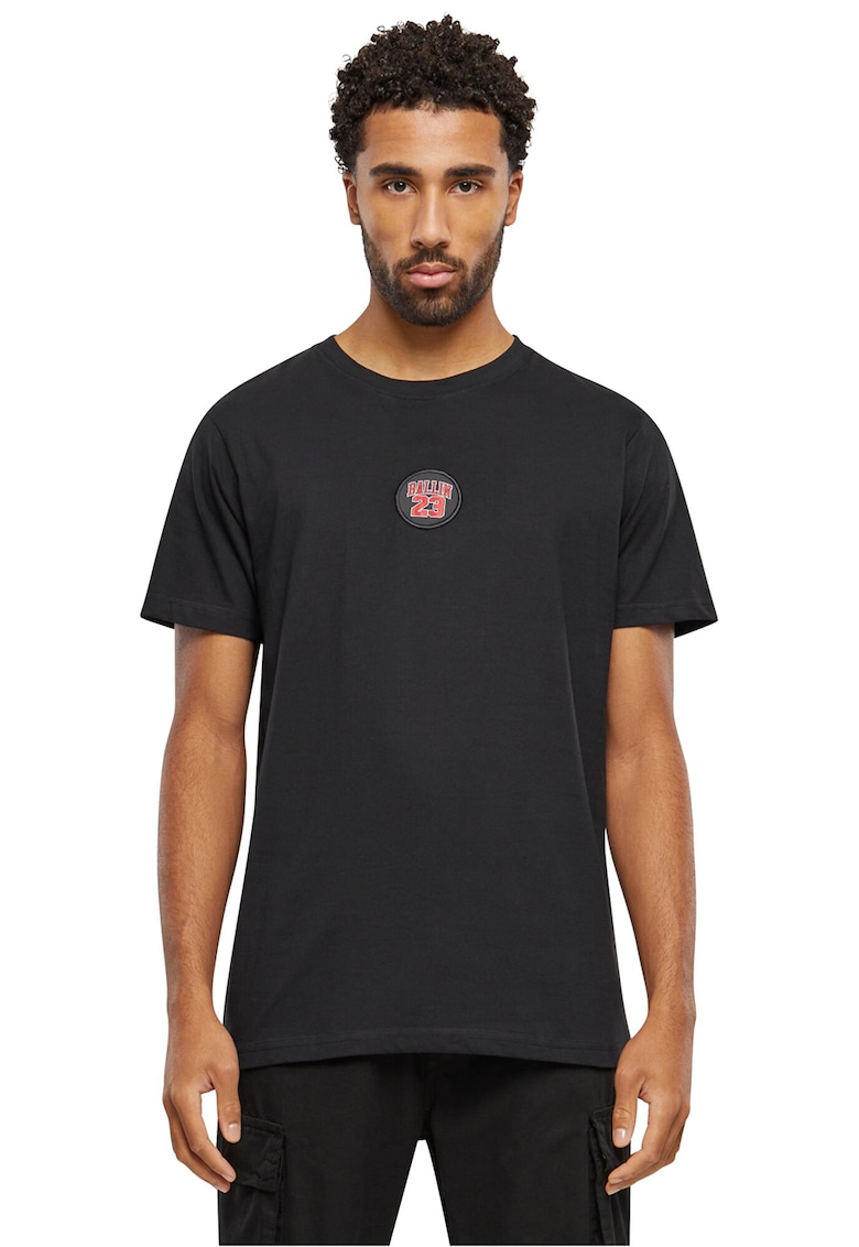 Tricou cu decolteu la baza gatului si aplicatie - Rosu/Negru stins