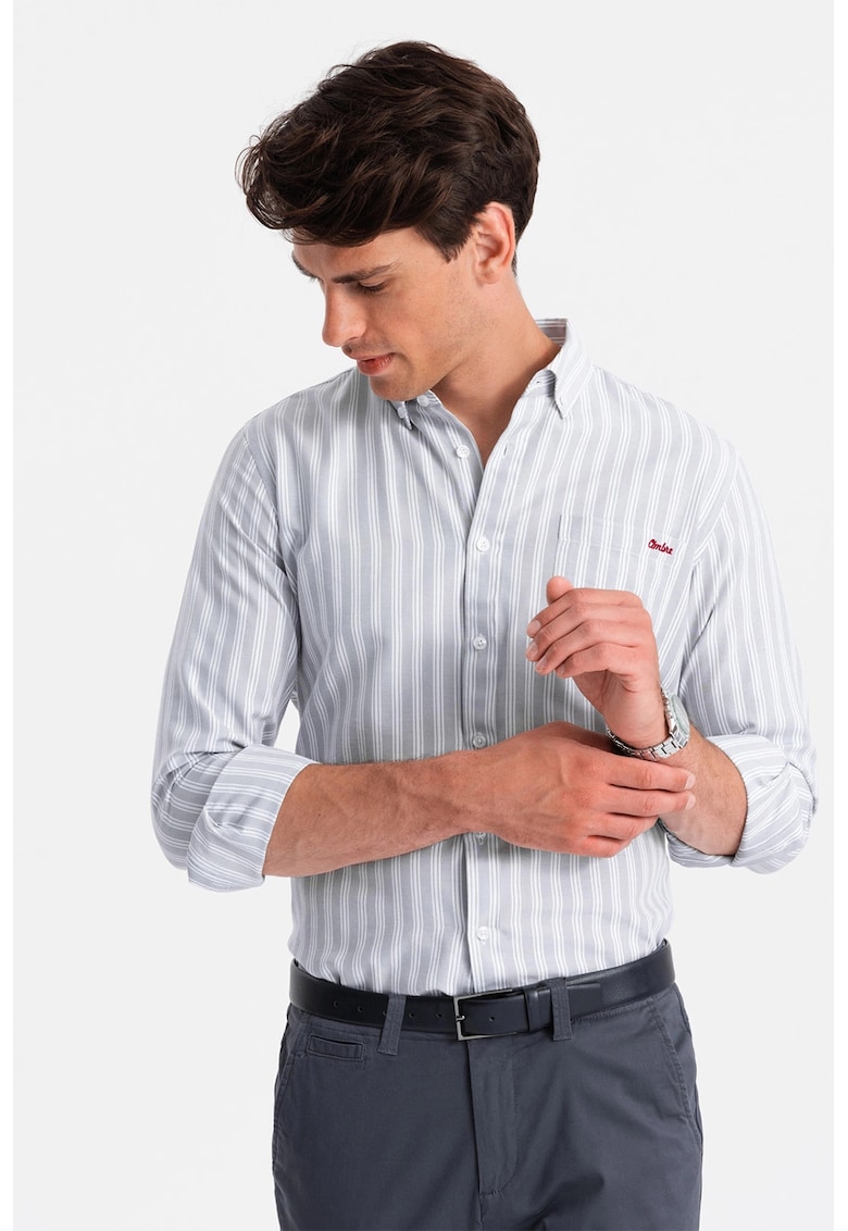 Camasa cu model in dungi si guler fixat cu nasturi