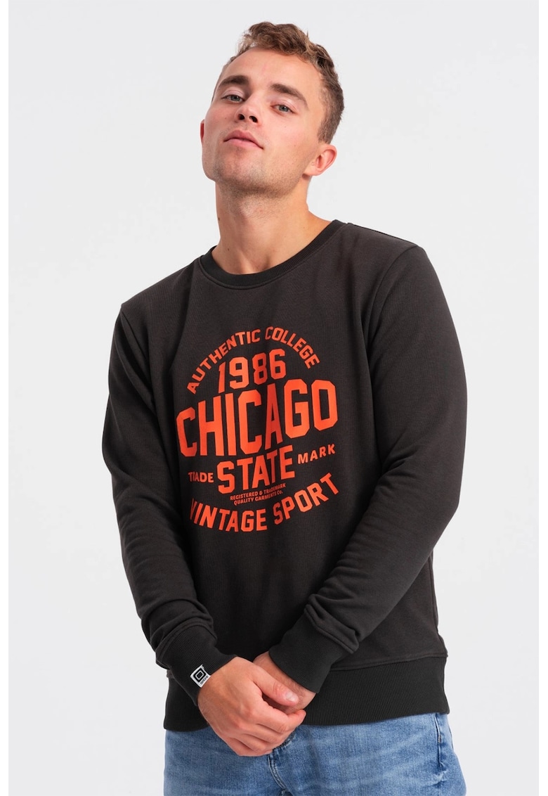 Bluza de trening din amestec de bumbac cu model text - Maro inchis/Portocaliu