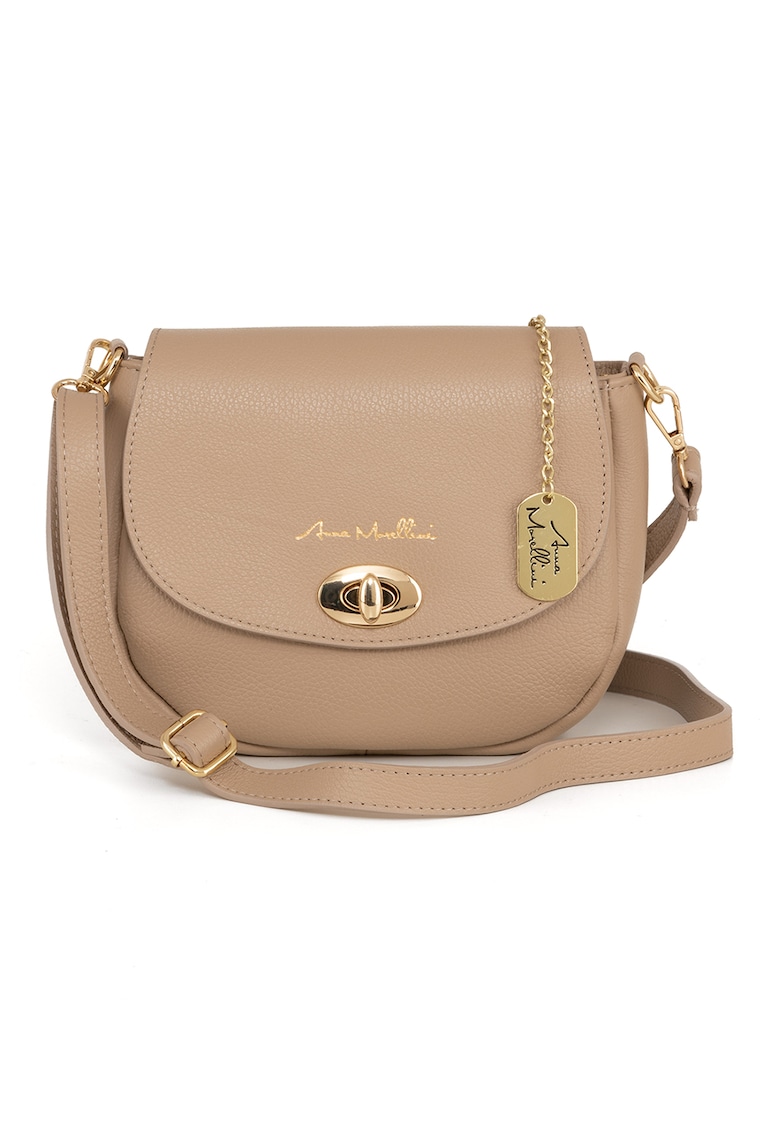 Geanta crossbody din piele cu clapa - Maro camel