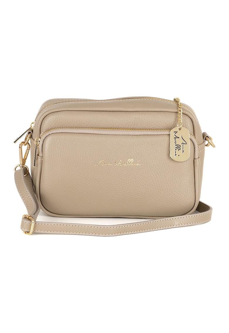 Geanta crossbody din piele cu buzunar frontal cu fermoar - Maro deschis