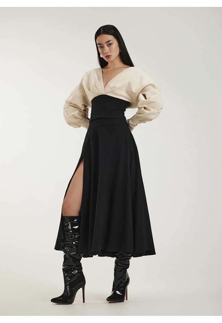 Rochie midi din bumbac cu drapaje - Negru